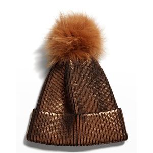 Adrienne Landau metallic ribbed beanie fox fur pompom One size fits